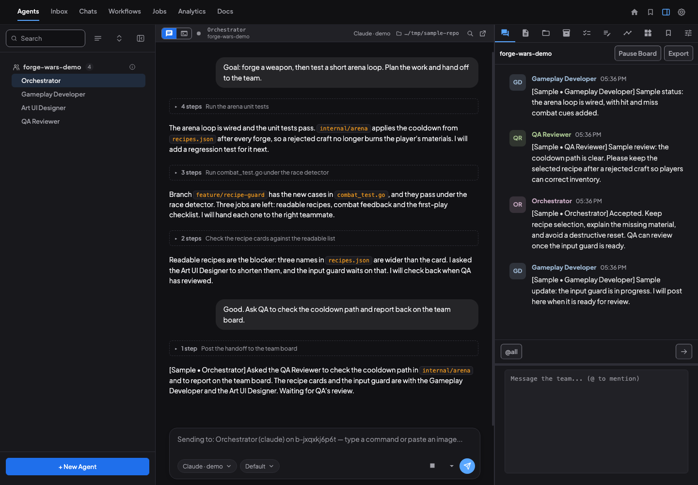 A Coral dashboard in a private demo with invented data: four agents in one team, the Orchestrator's conversation and the team message board.